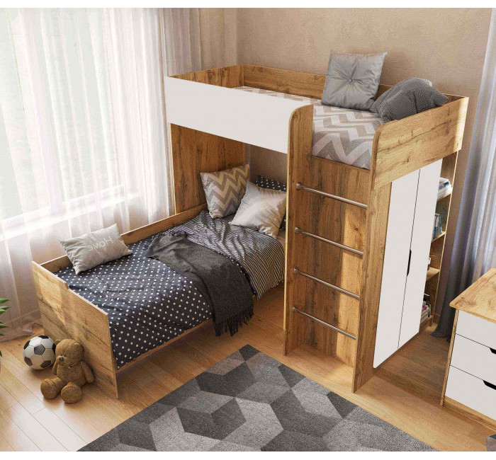 Двоярусне ліжко з полицями та шафою Бедрум 3