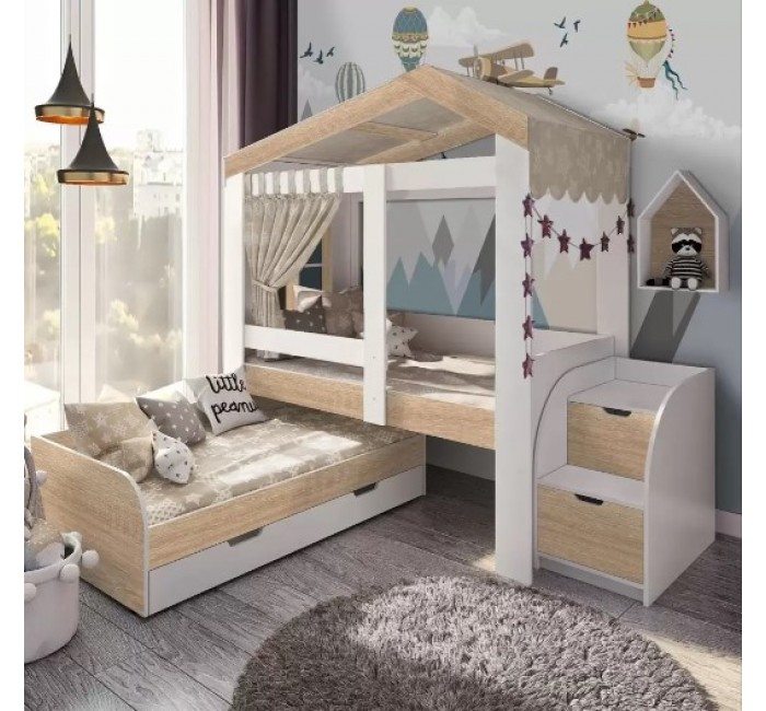 Дитяче двоярусне ліжко будиночок з висувним спальним місцем ДКД-15