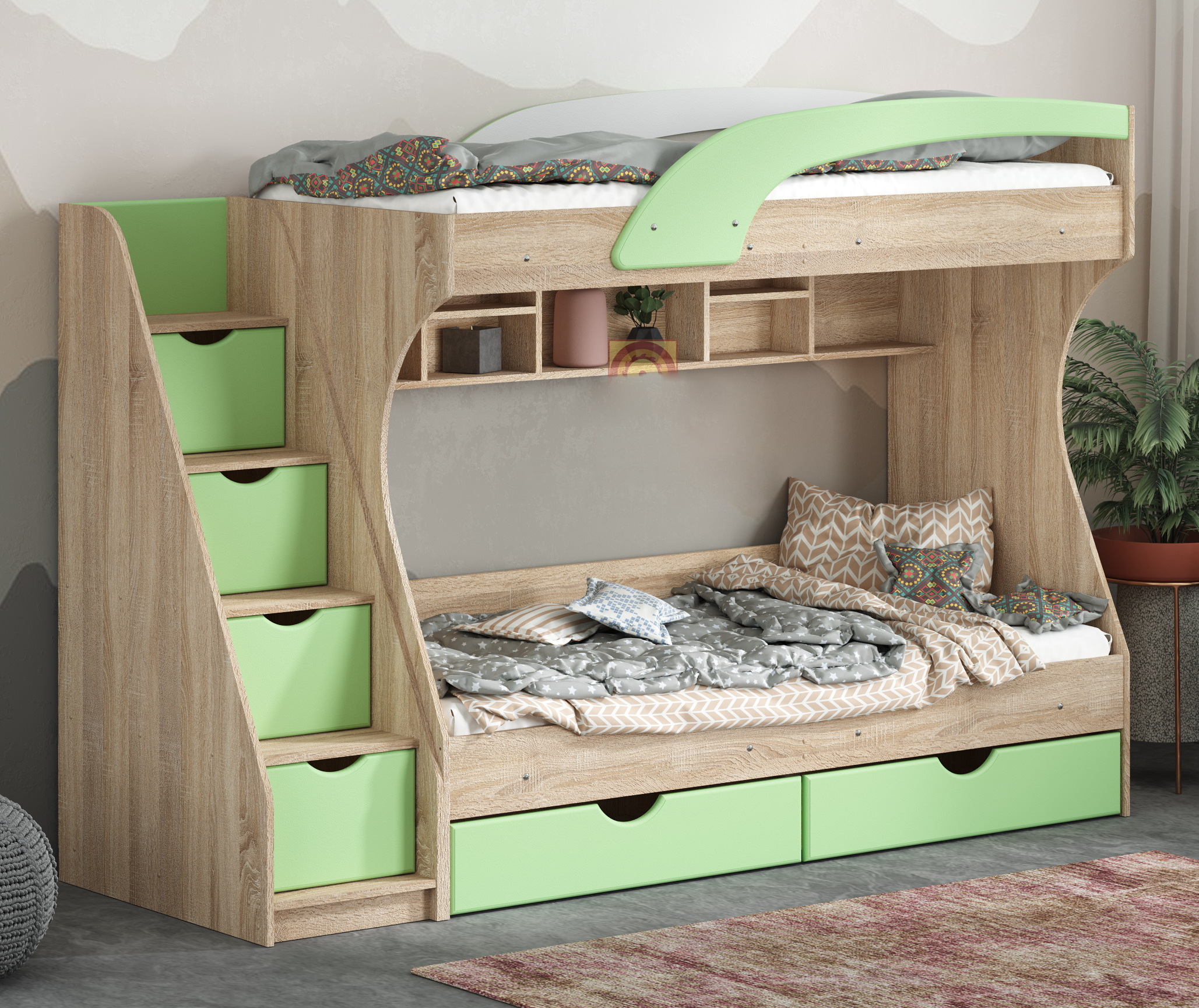 Детские двухъярусные кровати со столом и шкафом